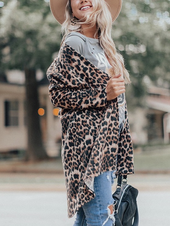 Sweaters - Leopard Print Open-Front Cardigan Sweater - Brown